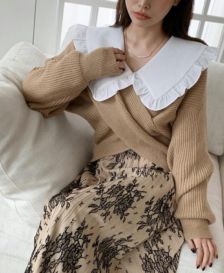 即日配送 カシミヤ混リブクロスニット・全4色・t71480 レディース 【tops】トップス ニット 長袖 リブニット クロス 単色 シンプル カジュアル デコルテ 鎖骨 ユニーク 大人 秋 冬 韓国ファッション ハイホリHIHOLLI