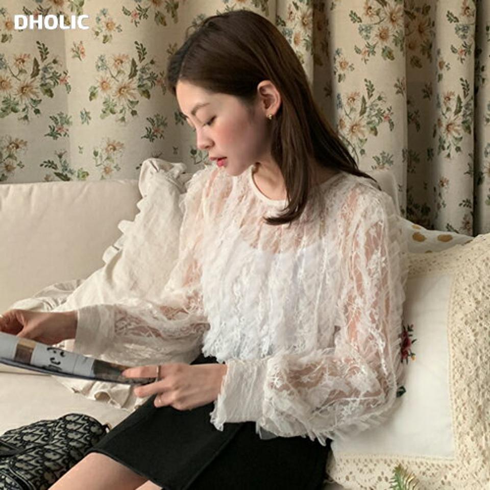 フラワーレースシアーブラウス・全3色・t00005 レディース 【bl】韓国ファッション トップス ブラウス 長袖 ラウンドネック 花柄 フラワー レース シアー シースルー ボタン シンプル 大人 体型カバー カジュアル フェミニン 秋 冬