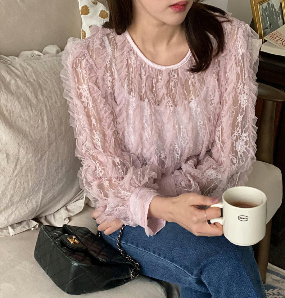 フラワーレースシアーブラウス・全3色・t00005 レディース 【bl】韓国ファッション トップス ブラウス 長袖 ラウンドネック 花柄 フラワー レース シアー シースルー ボタン シンプル 大人 体型カバー カジュアル フェミニン 秋 冬