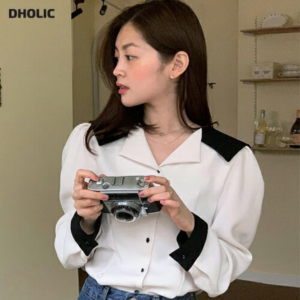 配色セーラーカラーブラウス・全2色・b00007 レディース 【bl】韓国ファッション トップス ブラウス 長袖 カラーネック 起毛 配色 セーラーカラー シンプル ダーツ カフス ボタン 大人 体型カバー カジュアル フェミニン 秋 冬