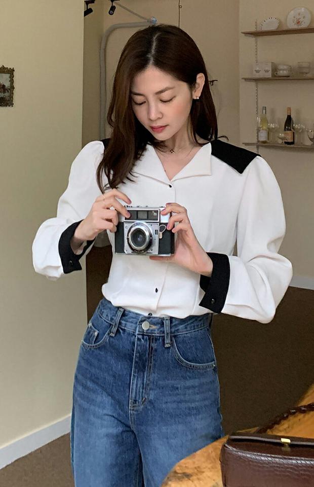 配色セーラーカラーブラウス・全2色・b00007 レディース 【bl】韓国ファッション トップス ブラウス 長袖 カラーネック 起毛 配色 セーラーカラー シンプル ダーツ カフス ボタン 大人 体型カバー カジュアル フェミニン 秋 冬