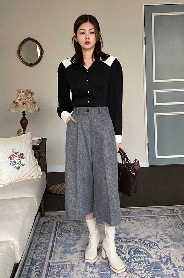 配色セーラーカラーブラウス・全2色・b00007 レディース 【bl】韓国ファッション トップス ブラウス 長袖 カラーネック 起毛 配色 セーラーカラー シンプル ダーツ カフス ボタン 大人 体型カバー カジュアル フェミニン 秋 冬