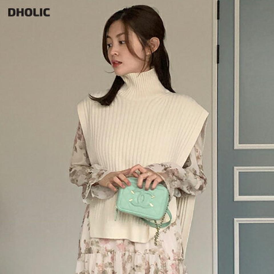 ハイネックノースリニット・全4色・b00009 レディース 【tops】韓国ファッション トップス ニット 大人 ノースリーブ ハイネック ウール混 ボタン アンバランス丈 ストラップ スリーブレ 無地 シンプル 体型カバー フェミニン 秋 冬