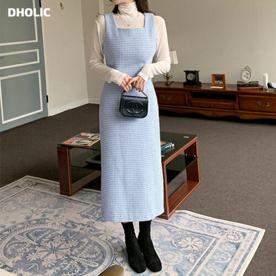 グリッターチェックノースリワンピース・全2色・t00010 レディース 【ops】韓国ファッション ワンピース ロング ロングワンピース ノースリ スクエアネック グリッター チェック Iライン ロング丈 シンプル 体型カバー カジュアル 秋 冬