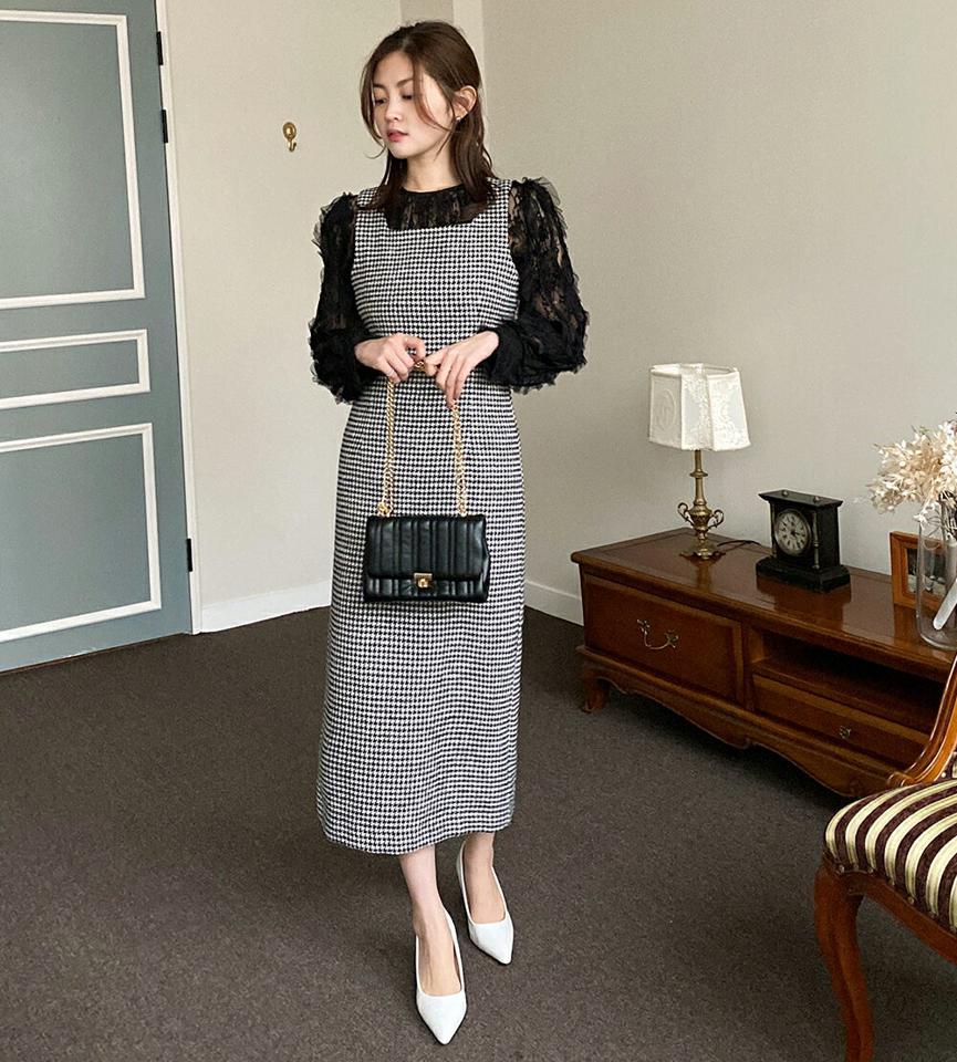 グリッターチェックノースリワンピース・全2色・t00010 レディース 【ops】韓国ファッション ワンピース ロング ロングワンピース ノースリ スクエアネック グリッター チェック Iライン ロング丈 シンプル 体型カバー カジュアル 秋 冬