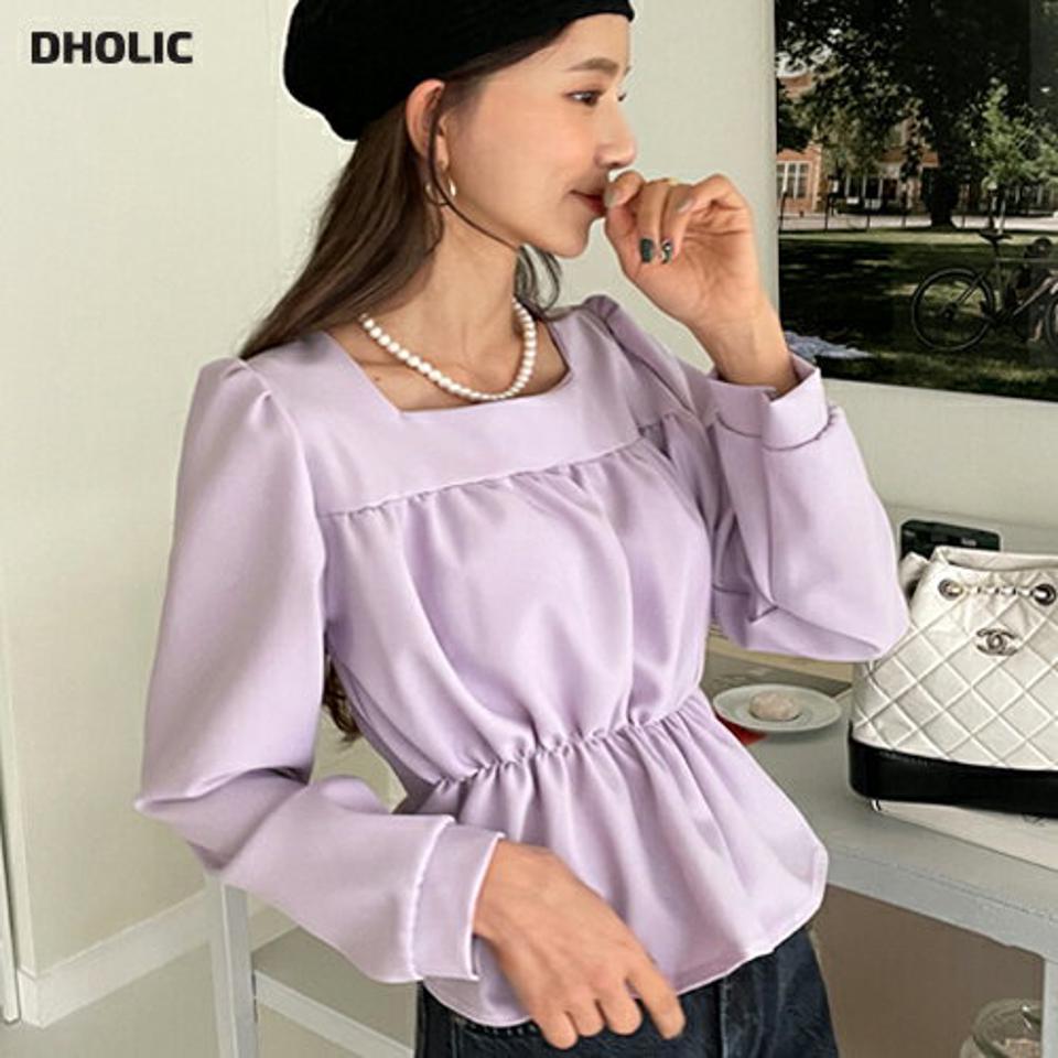 スクエアギャザーブラウス・全3色・t66436 レディース 【bl】韓国ファッション トップス ブラウス 長袖 スクエアネック ギャザー ウエストゴム パフスリーブ パステル 無地 シンプル 大人 体型カバー カジュアル フェミニン 秋 冬