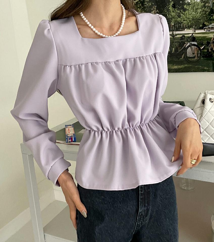 スクエアギャザーブラウス・全3色・t66436 レディース 【bl】韓国ファッション トップス ブラウス 長袖 スクエアネック ギャザー ウエストゴム パフスリーブ パステル 無地 シンプル 大人 体型カバー カジュアル フェミニン 秋 冬