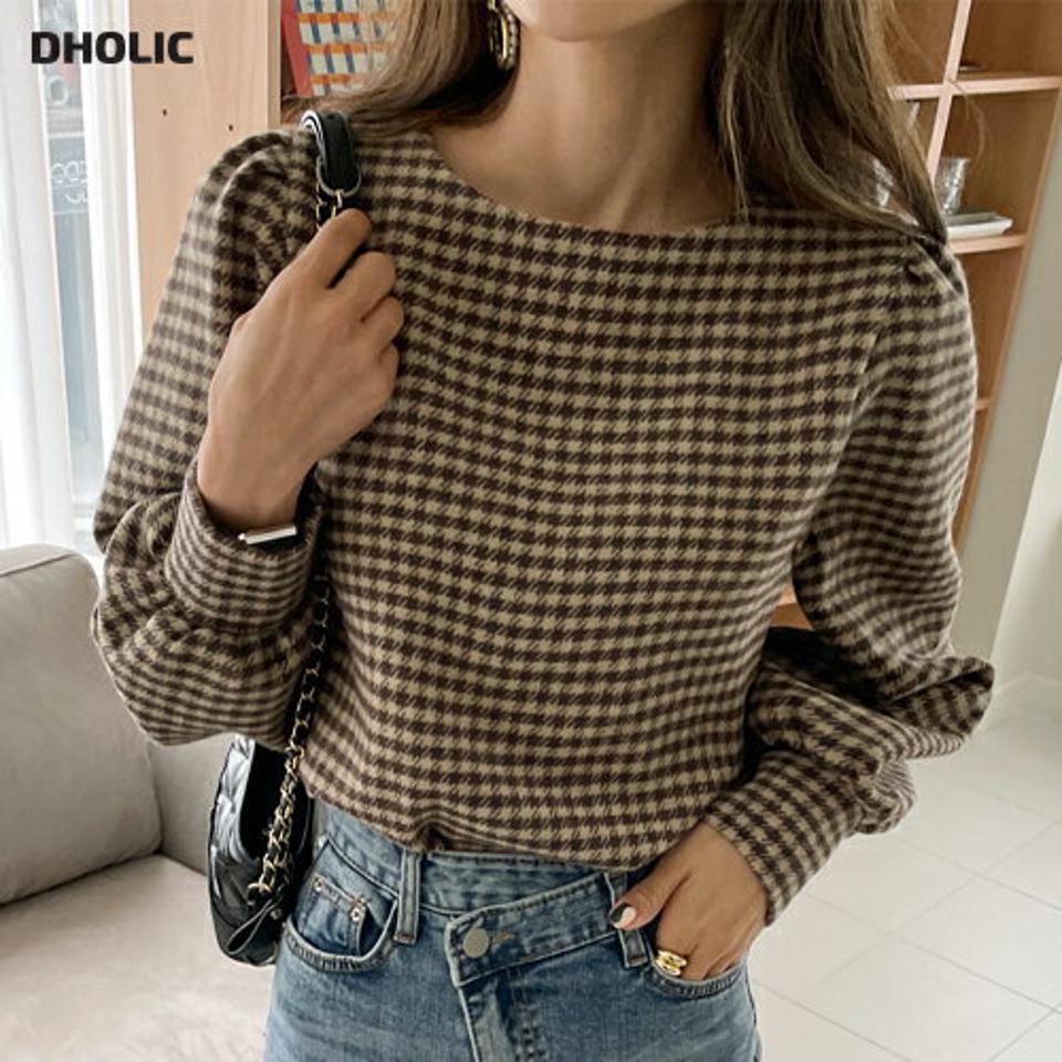≪人気商品再入荷≫起毛ハウンドトゥースチェックブラウス・全2色・t66437 レディース 【bl】韓国ファッション トップス ブラウス 長袖 起毛 ラウンドネック ハウンドトゥースチェック シンプル 大人 体型カバー カジュアル フェミニン 秋 冬 クリスマス