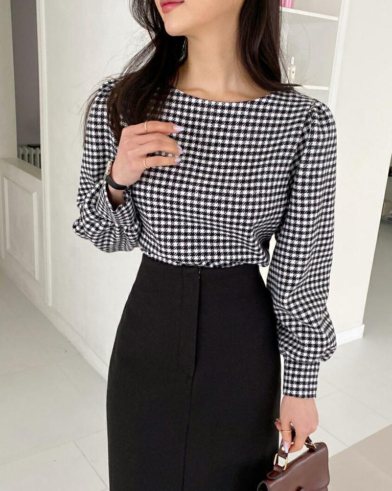 ≪人気商品再入荷≫起毛ハウンドトゥースチェックブラウス・全2色・t66437 レディース 【bl】韓国ファッション トップス ブラウス 長袖 起毛 ラウンドネック ハウンドトゥースチェック シンプル 大人 体型カバー カジュアル フェミニン 秋 冬 クリスマス