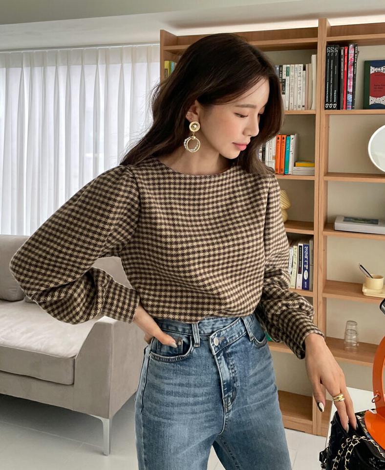 ≪人気商品再入荷≫起毛ハウンドトゥースチェックブラウス・全2色・t66437 レディース 【bl】韓国ファッション トップス ブラウス 長袖 起毛 ラウンドネック ハウンドトゥースチェック シンプル 大人 体型カバー カジュアル フェミニン 秋 冬 クリスマス