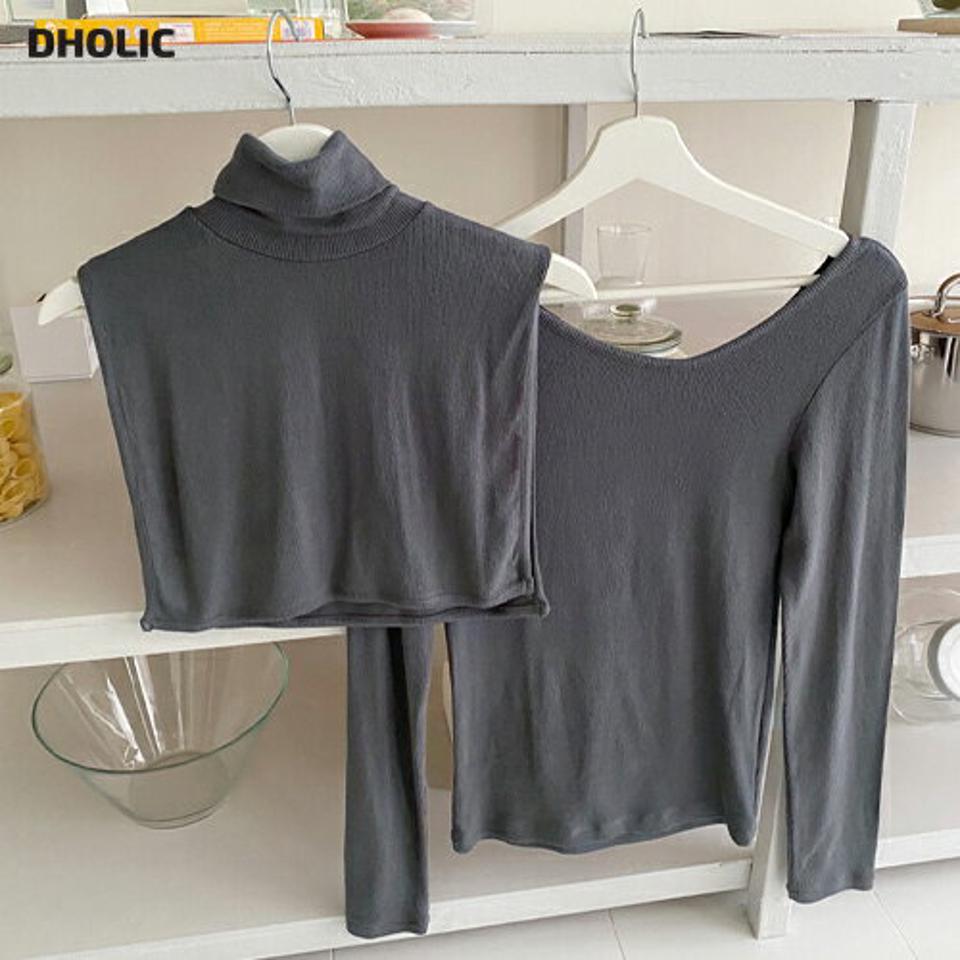 タートルネック&VネックTシャツSET・全3色・t66439 レディース 【tops】韓国ファッション トップス Tシャツ セット 大人 長袖 タートルネック Vネック レイヤード クロップド丈 アンバランス 無地 シンプル 体型カバー 細身 カジュアル 秋 冬