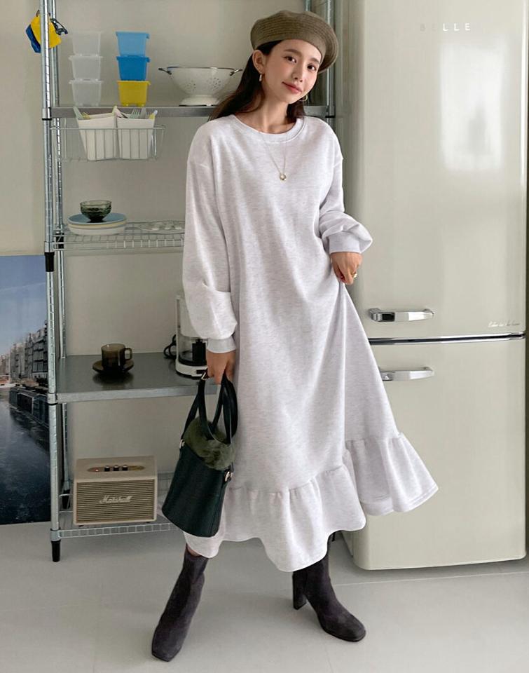 裏起毛フリルヘムワンピース・全3色・b66448 レディース 【ops】韓国ファッション ワンピース ロング ロングワンピース 長袖 ラウンドネック 裏起毛 フリルヘム ワンマイルウェア ロング丈 無地 シンプル ルーズ 体型カバー カジュアル 秋 冬