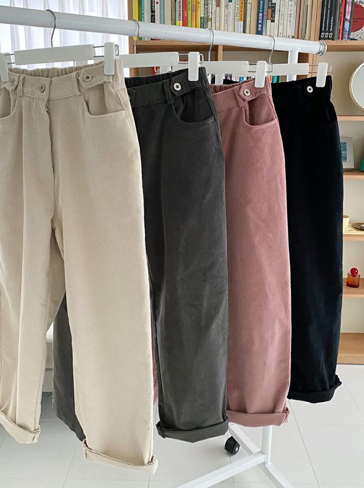 コーデュロイウエストボタンパンツ・全4色・t66461 レディース 【pt】韓国ファッション ボトムス ロング ロングパンツ コーデュロイ ベルトループ ワイドパンツ ストレート 体型もカバー 無地 シンプル カジュアル 秋 冬