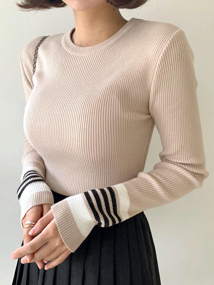 配色ラインスリーブリブニット・全3色・b66060 レディース 【tops】 韓国ファッション トップス ニット ラウンドネック クルーネック 長袖 配色ライン タイト スリム 細身 デイリー カジュアル 秋 冬