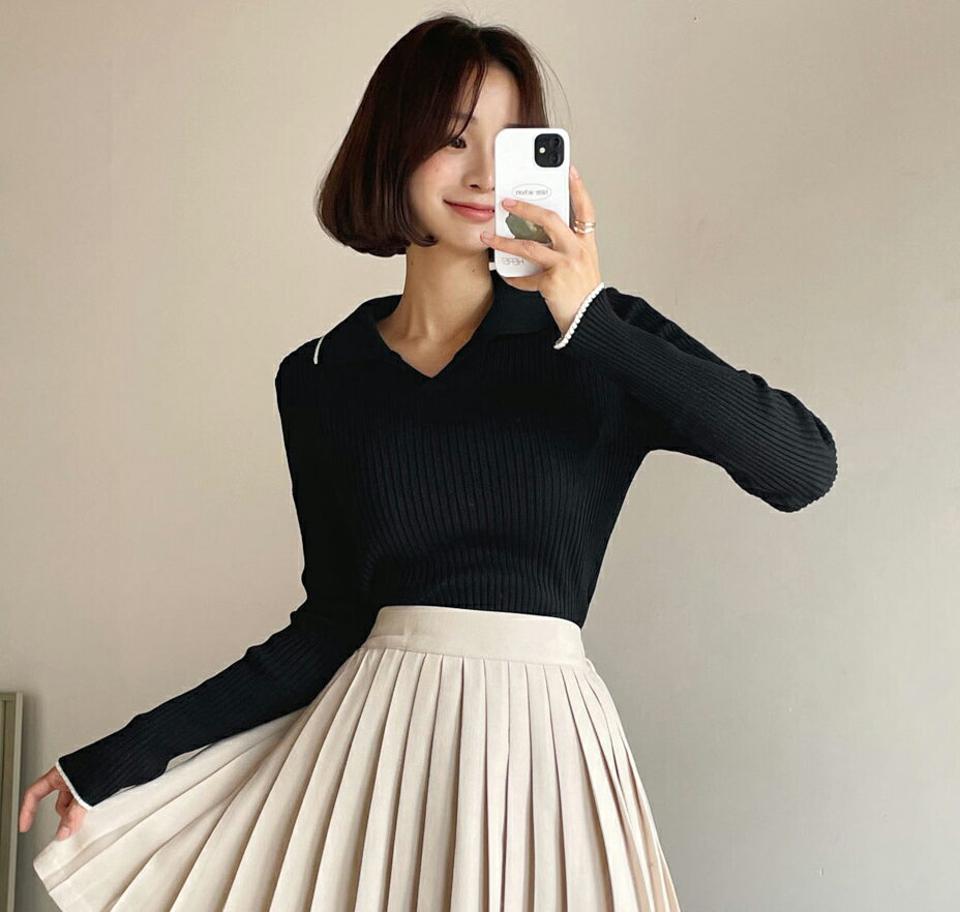 リブ配色オープンカラーニット・全4色・b66063 レディース 【tops】 韓国ファッション トップス ニット オープンカラー スキッパー 襟 キーネック 長袖 配色ライン タイト スリム 細身 カジュアル 秋 冬