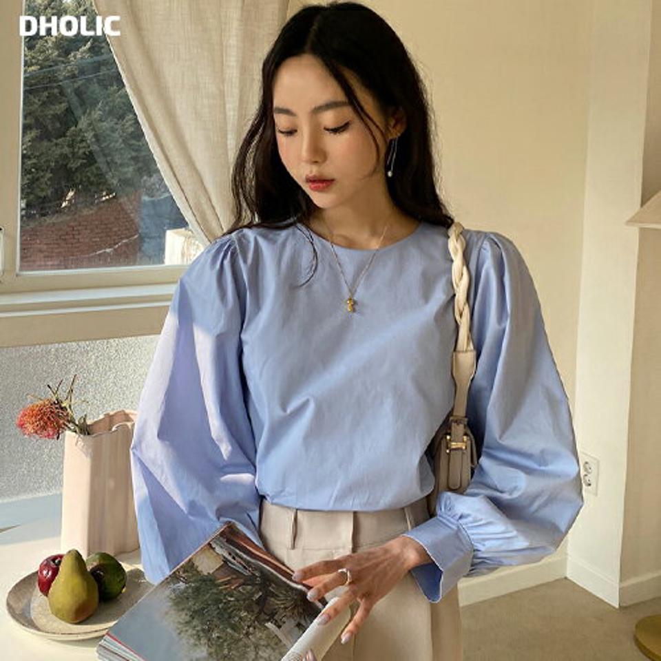 ラウンドパフブラウス・全4色・t66059 レディース 【bl】 韓国ファッション トップス ブラウス ラウンドネック 長袖 パフスリーブ ボリュームスリーブ パステル ボリューム袖 コットン100 カジュアル 秋 冬