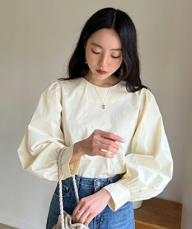 ラウンドパフブラウス・全4色・t66059 レディース 【bl】 韓国ファッション トップス ブラウス ラウンドネック 長袖 パフスリーブ ボリュームスリーブ パステル ボリューム袖 コットン100 カジュアル 秋 冬