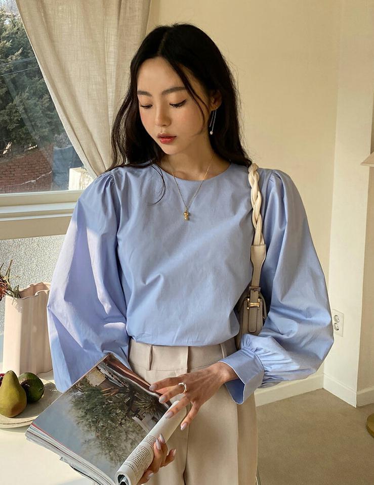 ラウンドパフブラウス・全4色・t66059 レディース 【bl】 韓国ファッション トップス ブラウス ラウンドネック 長袖 パフスリーブ ボリュームスリーブ パステル ボリューム袖 コットン100 カジュアル 秋 冬