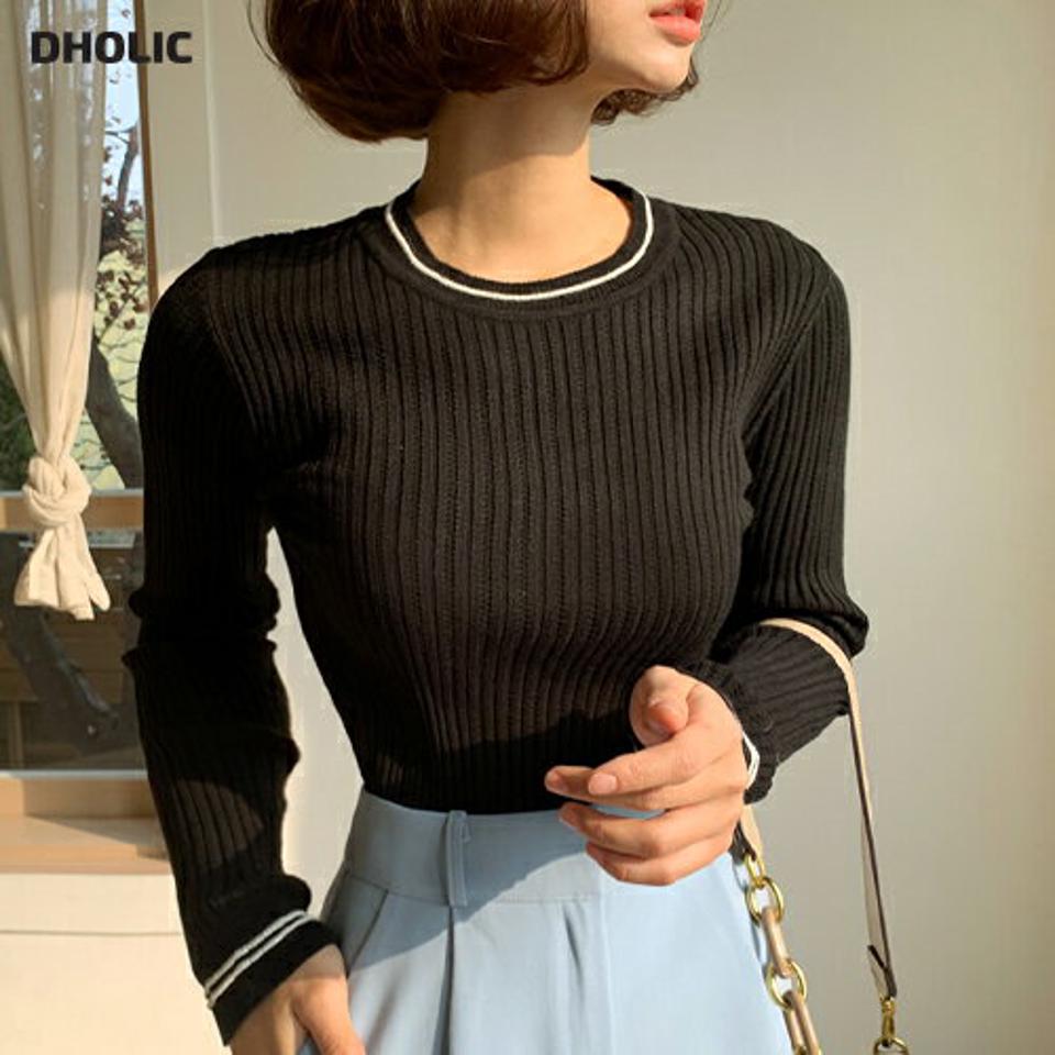 配色へムリブニット・全4色・b66061 レディース 【tops】 韓国ファッション トップス ニット ラウンドネック クルーネック 長袖 配色ライン タイト スリム 細身 デイリー カジュアル 秋 冬