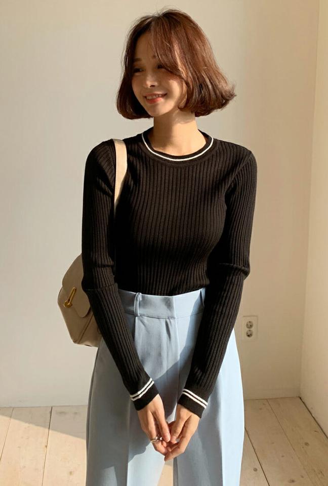 配色へムリブニット・全4色・b66061 レディース 【tops】 韓国ファッション トップス ニット ラウンドネック クルーネック 長袖 配色ライン タイト スリム 細身 デイリー カジュアル 秋 冬