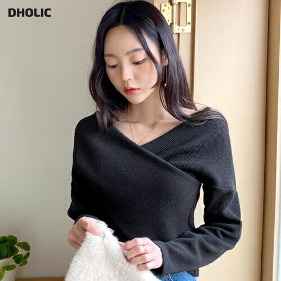 2WAYクロスリブTシャツ・全2色・t66066 レディース 【tops】 韓国ファッション トップス Tシャツ カットソー Vネック ラップ カシュクール スリム 細身 肩パッド 長袖 無地 カジュアル 秋 冬