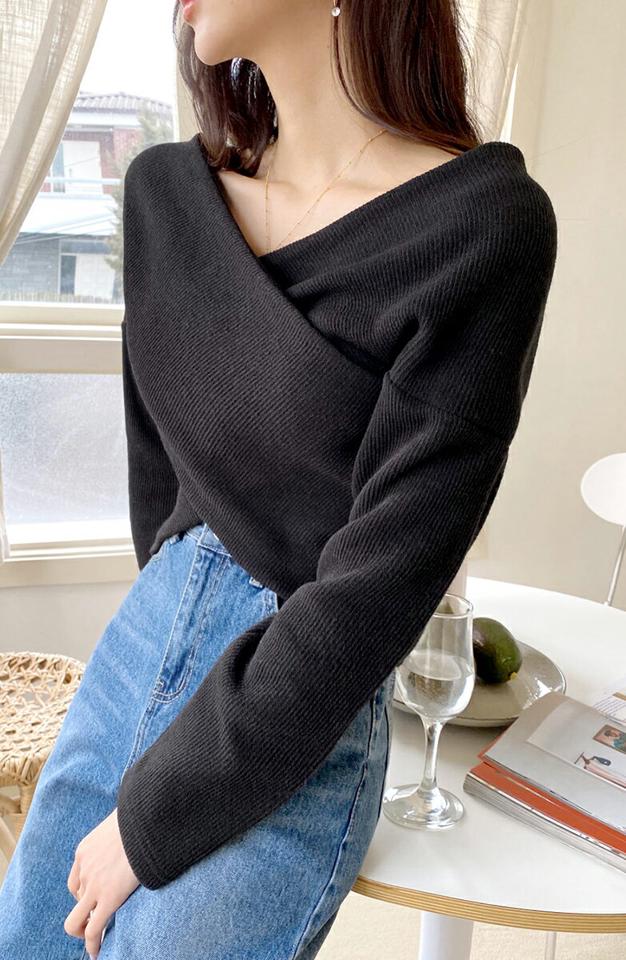 2WAYクロスリブTシャツ・全2色・t66066 レディース 【tops】 韓国ファッション トップス Tシャツ カットソー Vネック ラップ カシュクール スリム 細身 肩パッド 長袖 無地 カジュアル 秋 冬