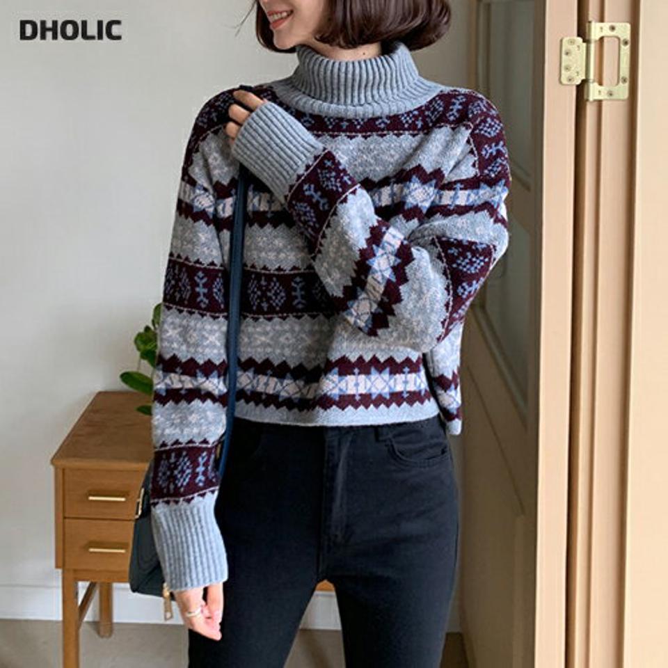 【只今10%OFF】ウール混ノルディックタートルネックニット・全2色・t66089 レディース 【tops】 韓国ファッション トップス ニット タートルネック 長袖 ロングスリーブ ルーズ パターン 柄 ノルディック 北欧 クリスマス 雪結晶 スノー カジュアル 秋 冬【ニットセール】