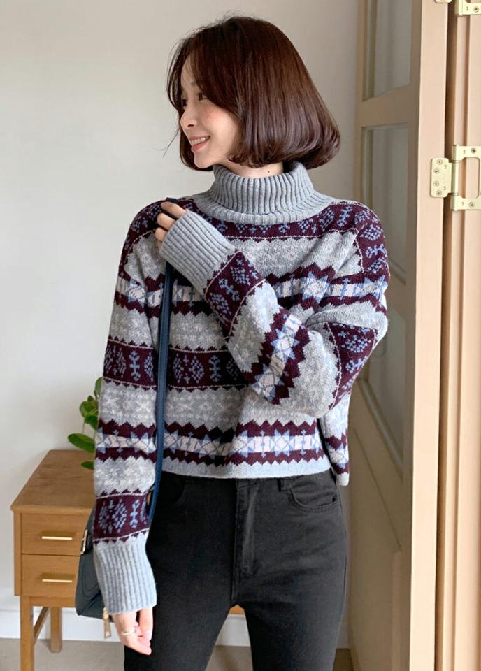 【只今10%OFF】ウール混ノルディックタートルネックニット・全2色・t66089 レディース 【tops】 韓国ファッション トップス ニット タートルネック 長袖 ロングスリーブ ルーズ パターン 柄 ノルディック 北欧 クリスマス 雪結晶 スノー カジュアル 秋 冬【ニットセール】