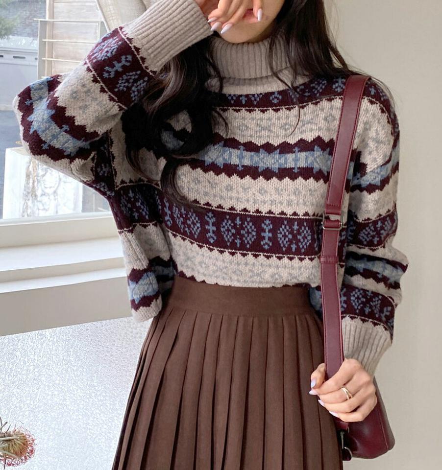 【只今10%OFF】ウール混ノルディックタートルネックニット・全2色・t66089 レディース 【tops】 韓国ファッション トップス ニット タートルネック 長袖 ロングスリーブ ルーズ パターン 柄 ノルディック 北欧 クリスマス 雪結晶 スノー カジュアル 秋 冬【ニットセール】