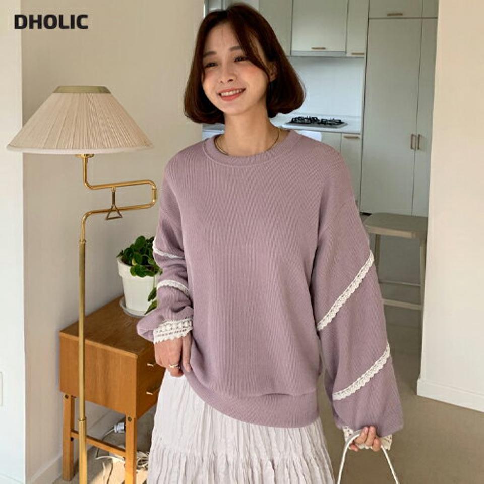 レーススリーブリブスウェット・全3色・t66067 レディース 【tops】 韓国ファッション トップス スウェット トレーナー Tシャツ カットソー 長袖 ラウンドネック 袖コンシャス 切替 無地 レースライン カジュアル 秋 冬