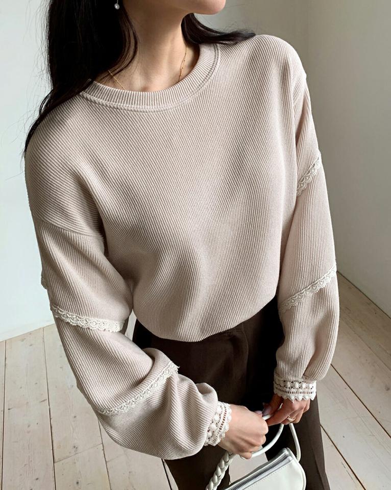 レーススリーブリブスウェット・全3色・t66067 レディース 【tops】 韓国ファッション トップス スウェット トレーナー Tシャツ カットソー 長袖 ラウンドネック 袖コンシャス 切替 無地 レースライン カジュアル 秋 冬