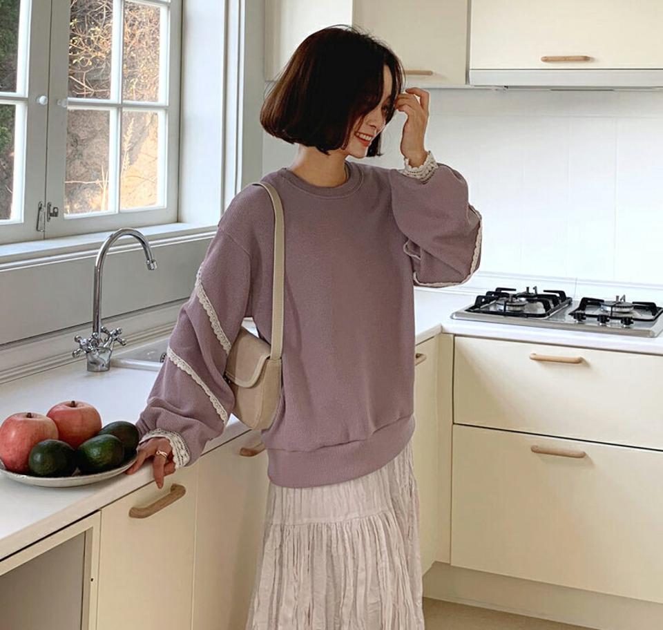 レーススリーブリブスウェット・全3色・t66067 レディース 【tops】 韓国ファッション トップス スウェット トレーナー Tシャツ カットソー 長袖 ラウンドネック 袖コンシャス 切替 無地 レースライン カジュアル 秋 冬
