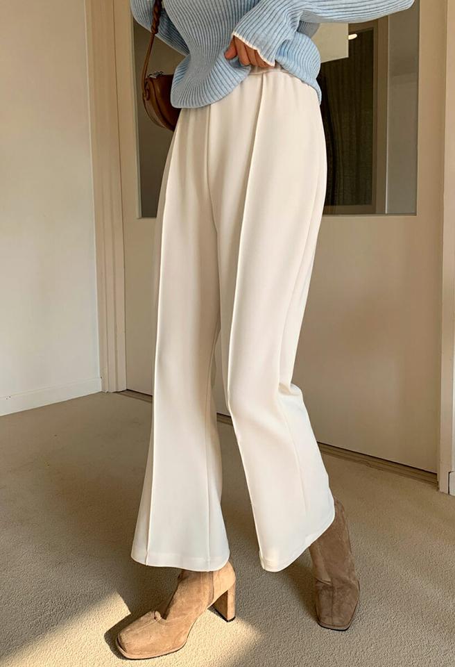 センタープレスフレアパンツ・全2色・b66093 レディース 【pt】 韓国ファッション ボトムス パンツ ロングパンツ ウエストゴム ハイウエスト ハイライズ フレア ブーツカット 無地 センターライン カジュアル 秋 冬