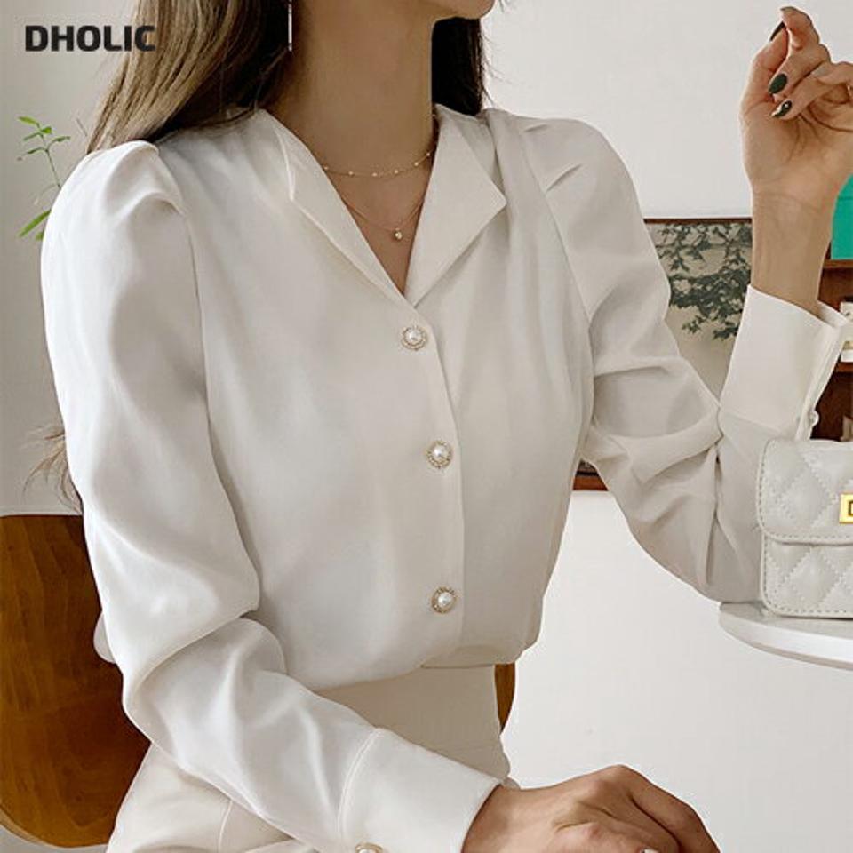 パール調パフボタンブラウス・全3色・b63158 レディース 【bl】 韓国ファッション トップス ブラウス 長袖 パフスリーブ 襟 カラー パールボタン 大人 上品 とろみ オフィス フォーマル スーツ カジュアル 秋 冬