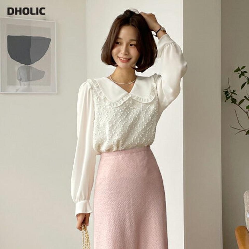 ツイードフリルカラーブラウス・全3色・t63159 レディース 【bl】 韓国ファッション トップス ブラウス 長袖 パフスリーブ フリルカラー ビッグカラー 襟 大人 上品 とろみ オフィス カジュアル 秋 冬