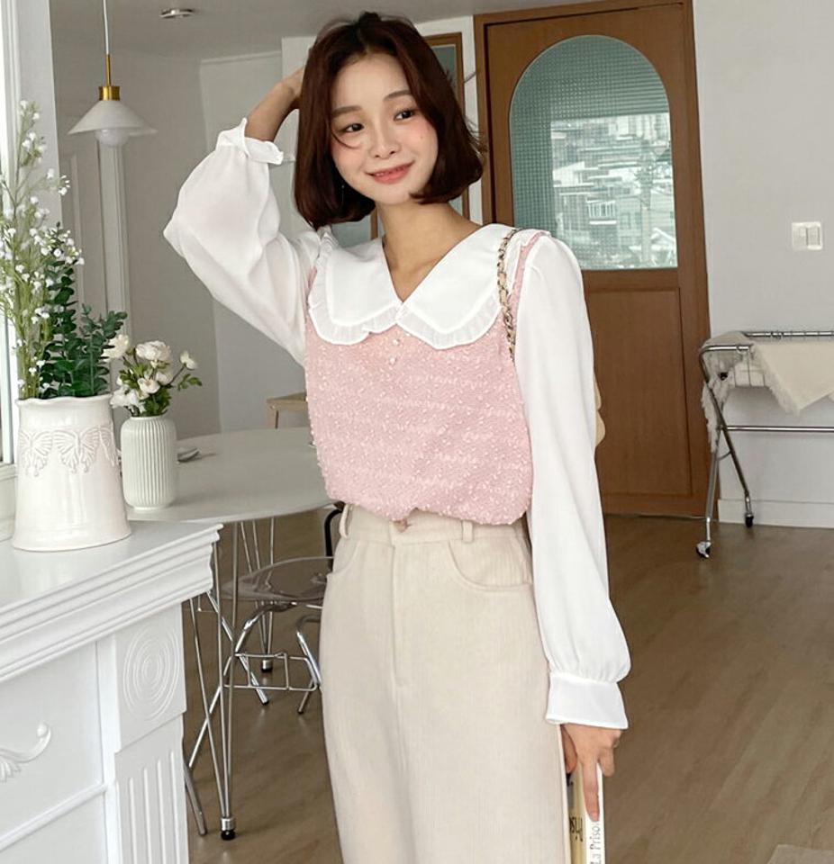 ツイードフリルカラーブラウス・全3色・t63159 レディース 【bl】 韓国ファッション トップス ブラウス 長袖 パフスリーブ フリルカラー ビッグカラー 襟 大人 上品 とろみ オフィス カジュアル 秋 冬