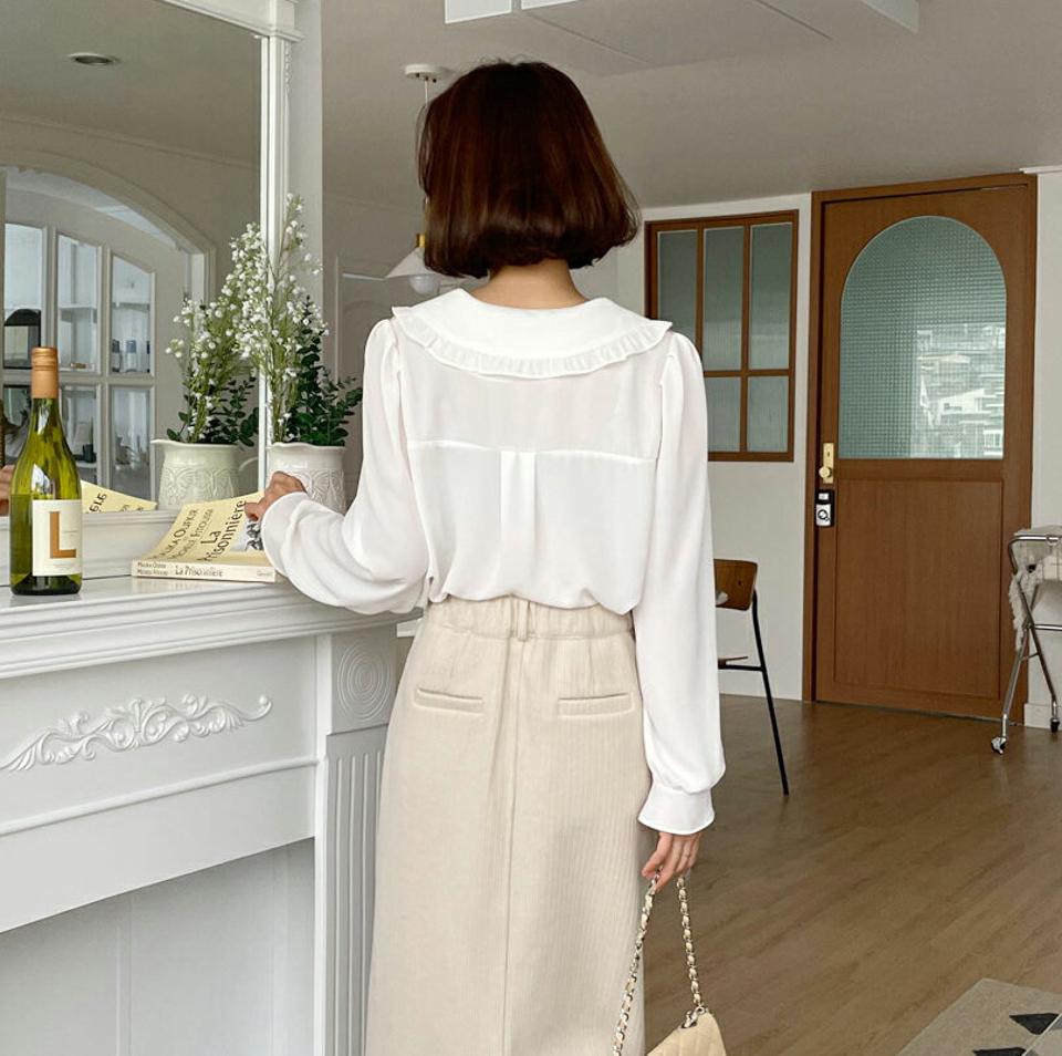 ツイードフリルカラーブラウス・全3色・t63159 レディース 【bl】 韓国ファッション トップス ブラウス 長袖 パフスリーブ フリルカラー ビッグカラー 襟 大人 上品 とろみ オフィス カジュアル 秋 冬