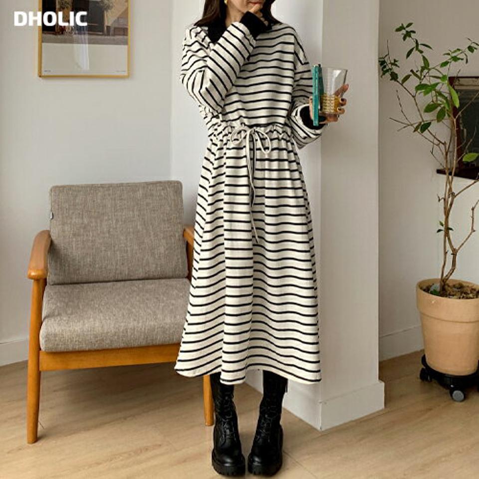 ボーダーカラードロストワンピース・全2色・b63171 レディース 【ops】 韓国ファッション ワンピース ロングワンピース ロング丈 オープンカラー 襟 スキッパー カットソー 長袖 ルーズ ワンマイルウェア 柄 秋 冬