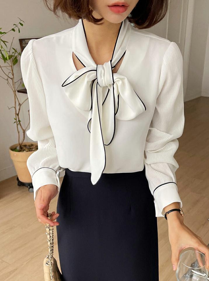 プリーツスリーブボウタイブラウス・全4色・b63160 レディース 【bl】 韓国ファッション トップス ブラウス 長袖 パフスリーブ ボウタイ 襟コン ネックリボン スリム 細身 オフィス 大人 カジュアル 秋 冬