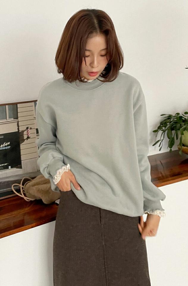 裏起毛レースハーフネックスウェット・全3色・b63161 レディース 【tops】 韓国ファッション トップス スウェット トレーナー Tシャツ カットソー 長袖 レースネック モックネック ハーフネック 袖コンシャス 切替 無地 カジュアル 秋 冬