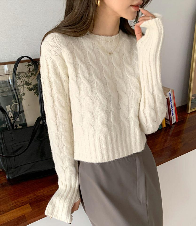 【只今10%OFF】アルパカ混フィンガーホールケーブルニット・全3色・t63163 レディース 【tops】 韓国ファッション トップス ラウンドネック クルーネック 長袖 無地 ロングスリーブ フィンガーホール 指穴 ケーブルニット ツイストニット 秋 冬【ニットセール】