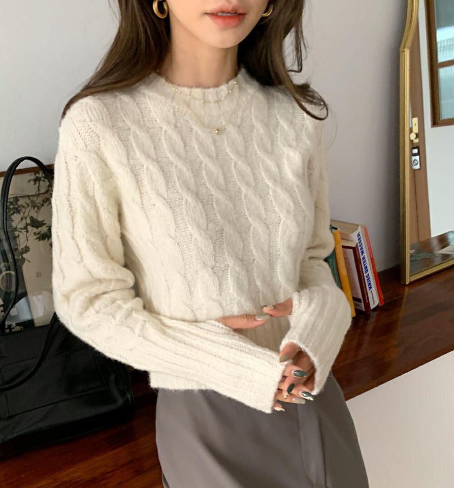 【只今10%OFF】アルパカ混フィンガーホールケーブルニット・全3色・t63163 レディース 【tops】 韓国ファッション トップス ラウンドネック クルーネック 長袖 無地 ロングスリーブ フィンガーホール 指穴 ケーブルニット ツイストニット 秋 冬【ニットセール】