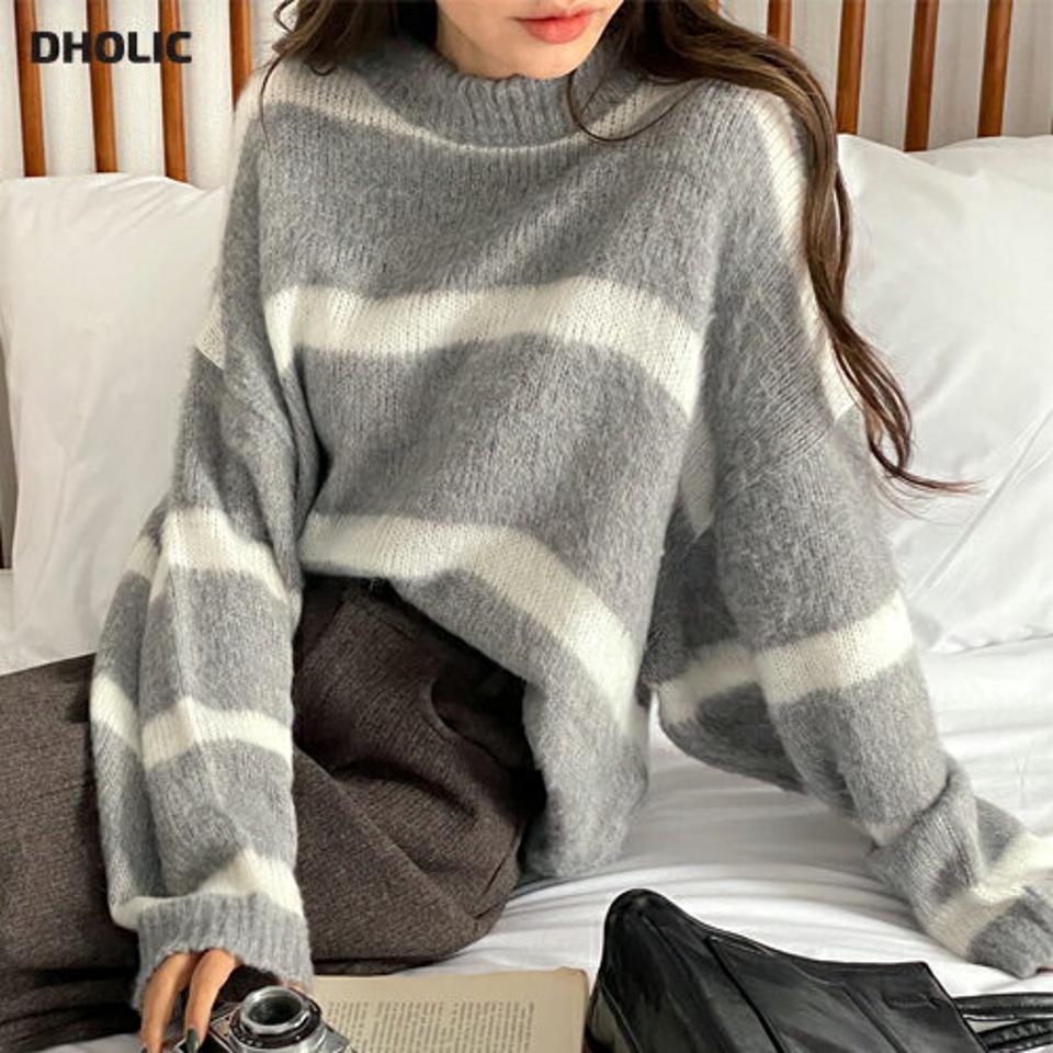 【只今10%OFF】ボーダーパターンソフトニット・全4色・t63164 レディース 【tops】 韓国ファッション トップス ニット ラウンドネック クルーネック 長袖 ルーズ ゆったり 体型カバー オーバーサイズ カラーブロック ボーダー パターン 柄 カジュアル 秋 冬【ニットセール】