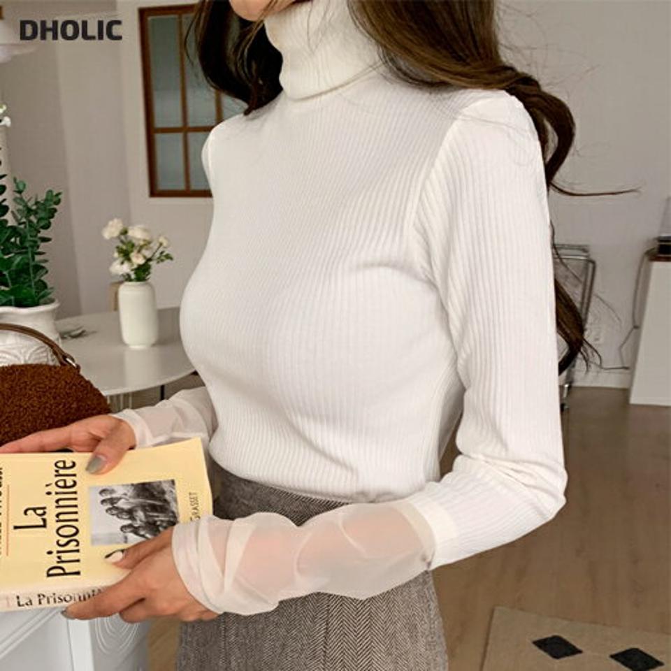 【只今10%OFF】シアースリーブタートルネックニット・全3色・t63162 レディース 【tops】 韓国ファッション トップス ニット タートルネック ハイネック 長袖 リブニット スリム タイト 細身 異素材ミックス ドッキング 切替 袖コンシャス 無地 秋 冬【ニットセール】