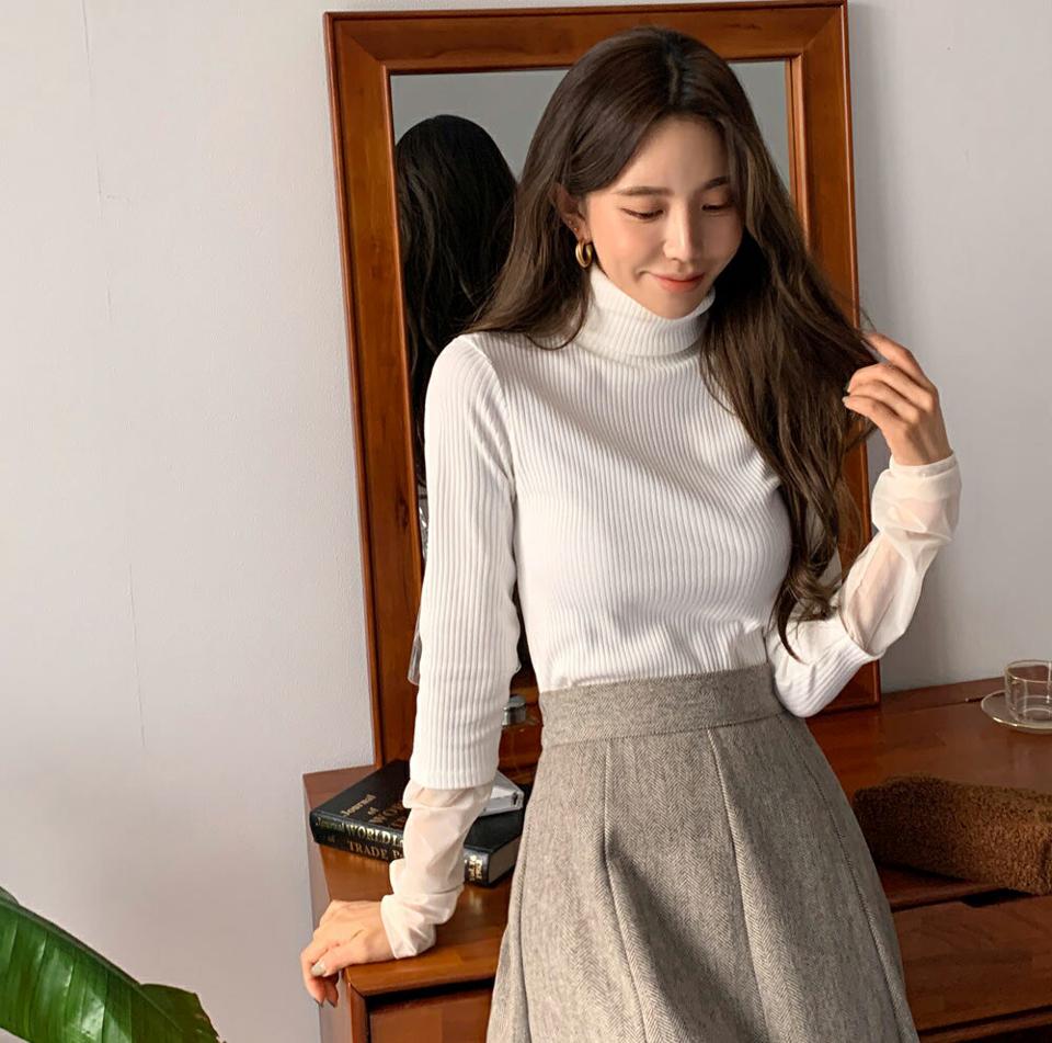 【只今10%OFF】シアースリーブタートルネックニット・全3色・t63162 レディース 【tops】 韓国ファッション トップス ニット タートルネック ハイネック 長袖 リブニット スリム タイト 細身 異素材ミックス ドッキング 切替 袖コンシャス 無地 秋 冬【ニットセール】