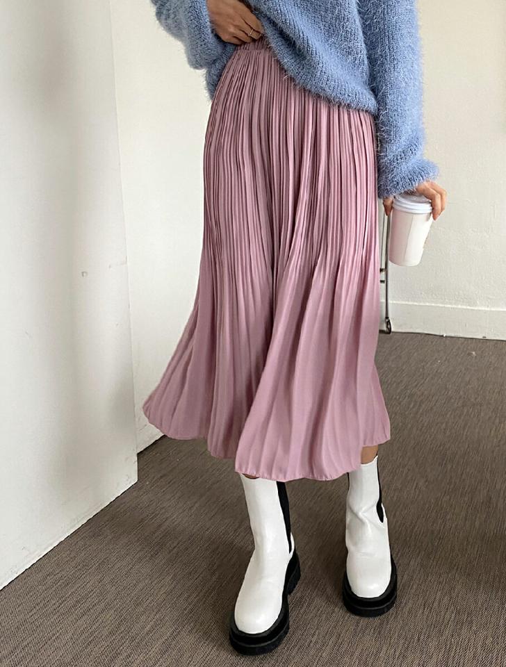 ウエストゴムプリーツスカート・全6色・b00022 レディース 【sk】 韓国ファッション ボトムス スカート ロングスカート ロング丈 フレア Aライン パステル くすみ 無地 プリーツスカート 大人 上品 カジュアル 秋 冬