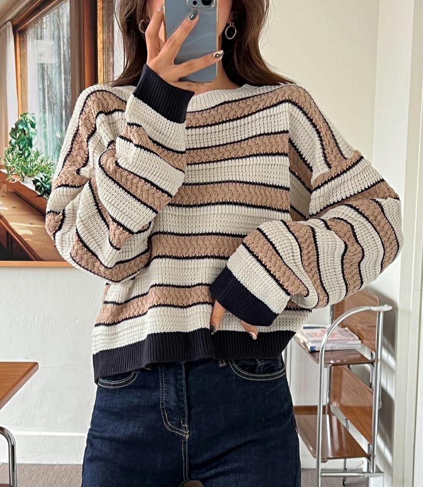 【只今10%OFF】ケーブルボーダーラウンドニット・全4色・t00007 レディース 【tops】 韓国ファッション トップス ラウンドネック 長袖 ルーズ 体型カバー オーバーサイズ ドロップショルダーざっくり編み ざっくりニット ローゲージ ボーダー パターン 秋 冬【ニットセール】