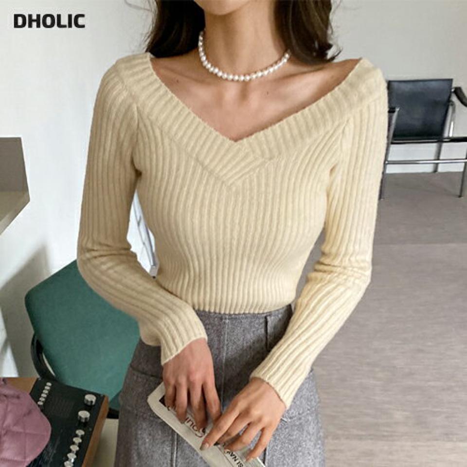 2WAYリブVネッククロップドニット・全5色・t00010 レディース 【tops】 韓国ファッション トップス ニット Vネック 長袖 スリム 細身 タイト デコルテ リブニット 無地 カジュアル 秋 冬 年上