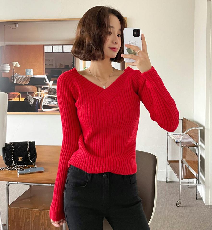 2WAYリブVネッククロップドニット・全5色・t00010 レディース 【tops】 韓国ファッション トップス ニット Vネック 長袖 スリム 細身 タイト デコルテ リブニット 無地 カジュアル 秋 冬 年上