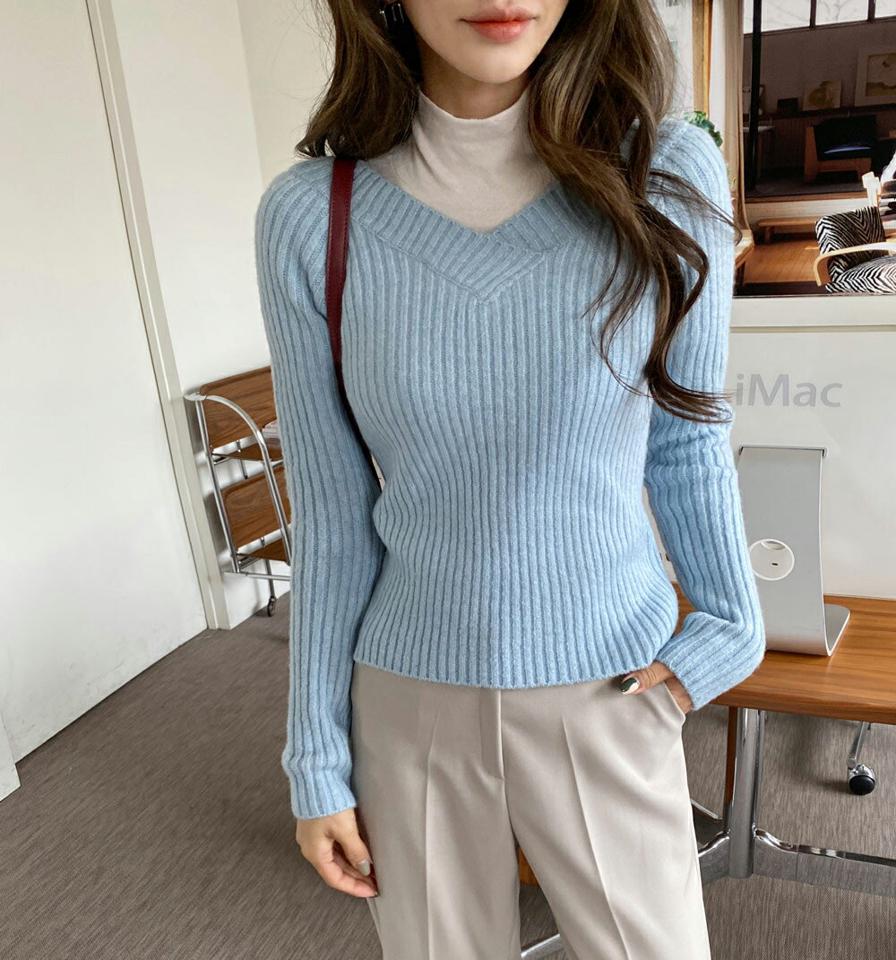 2WAYリブVネッククロップドニット・全5色・t00010 レディース 【tops】 韓国ファッション トップス ニット Vネック 長袖 スリム 細身 タイト デコルテ リブニット 無地 カジュアル 秋 冬 年上